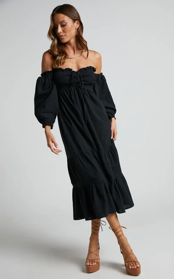 Showpo Nikka Midi Dress 8211 Shirred Off Shoulder Puff Sleeve Dress In Black Women Dresses