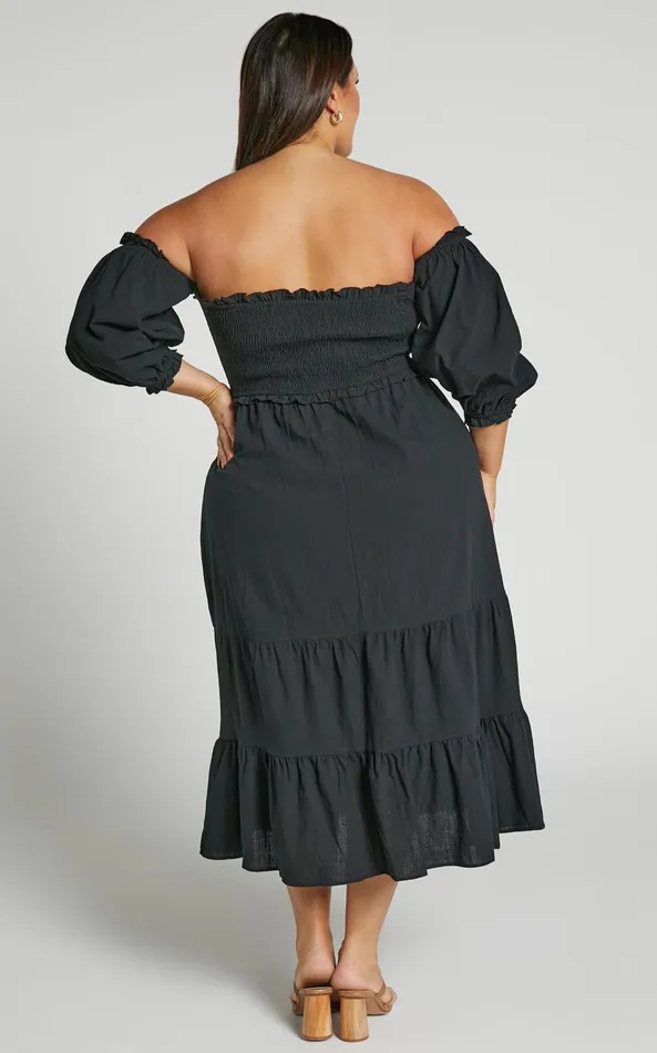 Showpo Nikka Midi Dress 8211 Shirred Off Shoulder Puff Sleeve Dress In Black Women Dresses