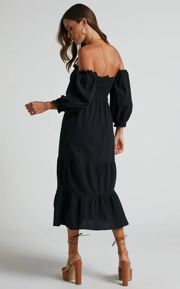 Showpo Nikka Midi Dress 8211 Shirred Off Shoulder Puff Sleeve Dress In Black Women Dresses