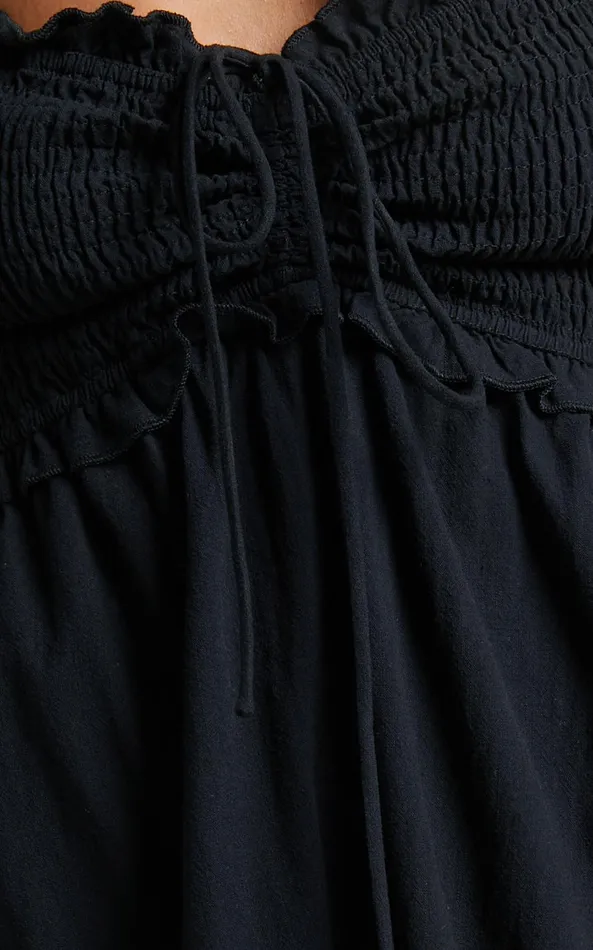 Showpo Nikka Midi Dress 8211 Shirred Off Shoulder Puff Sleeve Dress In Black Women Dresses