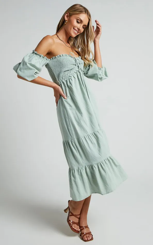 Showpo Nikka Midi Dress 8211 Shirred Off Shoulder Puff Sleeve Dress In Sage Women Curve Clothes Showpo Nikka Midi Dress 8211 Shirred Off Shoulder Puff Sleeve Dress In Sage Women Curve Clothes