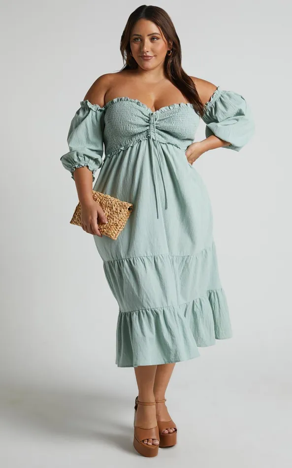 Showpo Nikka Midi Dress 8211 Shirred Off Shoulder Puff Sleeve Dress In Sage Women Curve Clothes