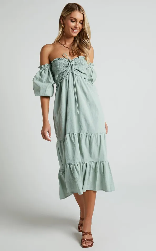 Showpo Nikka Midi Dress 8211 Shirred Off Shoulder Puff Sleeve Dress In Sage Women Curve Clothes