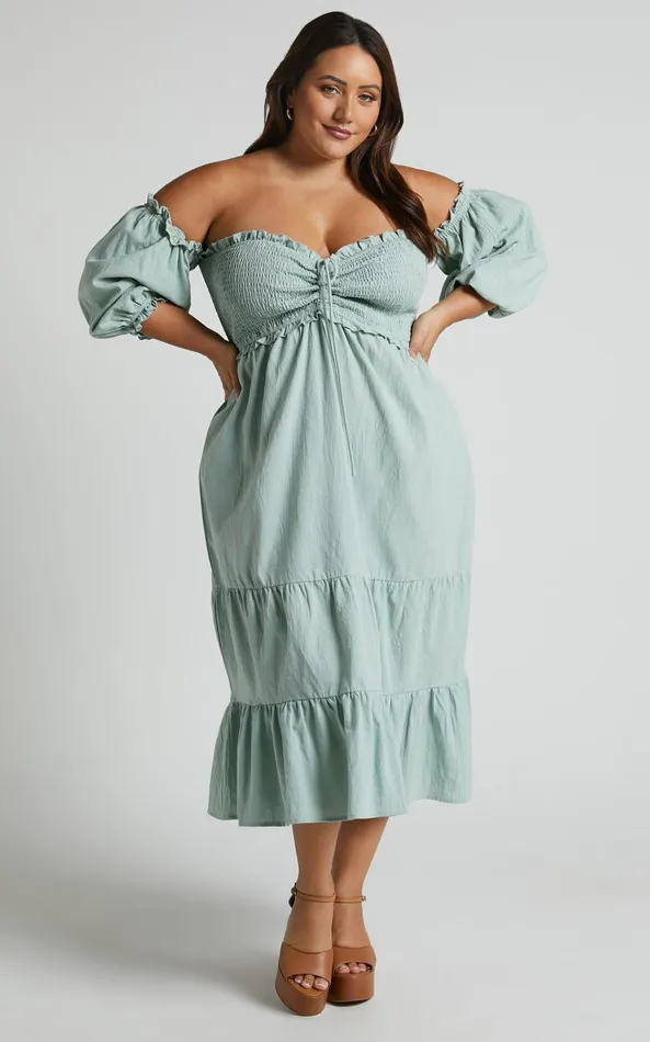 Showpo Nikka Midi Dress 8211 Shirred Off Shoulder Puff Sleeve Dress In Sage Women Curve Clothes