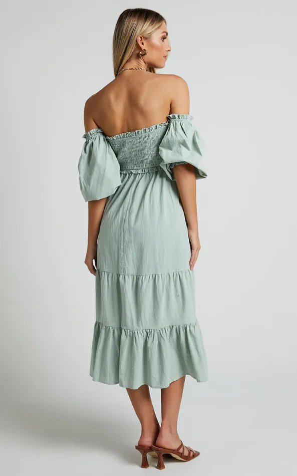 Showpo Nikka Midi Dress 8211 Shirred Off Shoulder Puff Sleeve Dress In Sage Women Curve Clothes