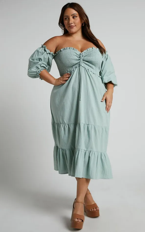 Showpo Nikka Midi Dress 8211 Shirred Off Shoulder Puff Sleeve Dress In Sage Women Curve Clothes