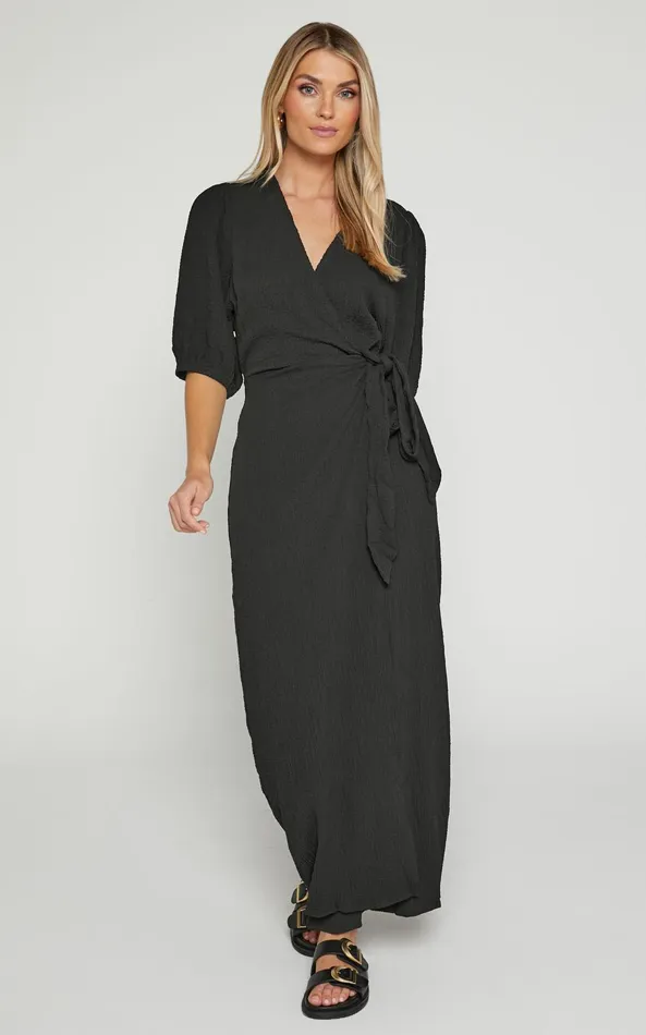 Showpo Nikkita Midi Dress 8211 Puff Sleeve Wrap Dress In Black Women Basics