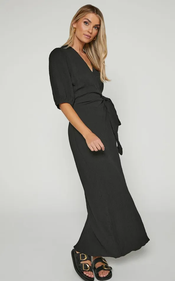 Showpo Nikkita Midi Dress 8211 Puff Sleeve Wrap Dress In Black Women Basics