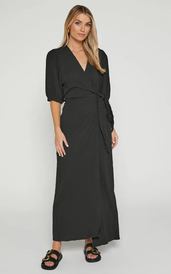 Showpo Nikkita Midi Dress 8211 Puff Sleeve Wrap Dress In Black Women Basics