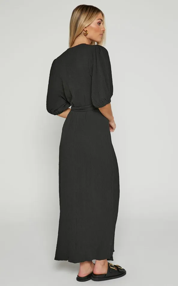 Showpo Nikkita Midi Dress 8211 Puff Sleeve Wrap Dress In Black Women Basics