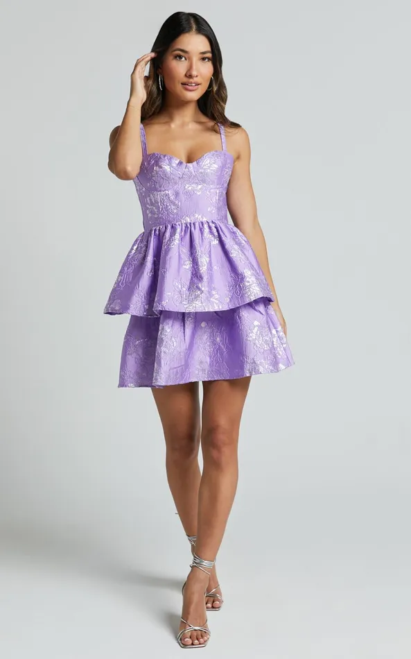 Showpo Nikkita Mini Dress 8211 Shoulder Tie Bustier Tiered Dress In Purple Women Dresses