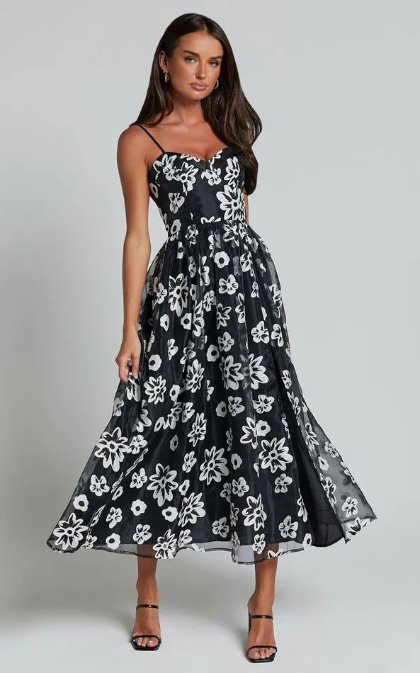 Showpo Nikky Midi Dress 8211 Organza Full Skirt Dress In Black Floral Women Dresses