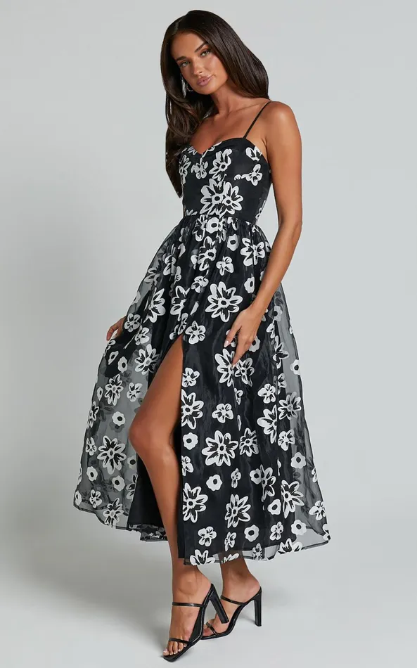 Showpo Nikky Midi Dress 8211 Organza Full Skirt Dress In Black Floral Women Dresses