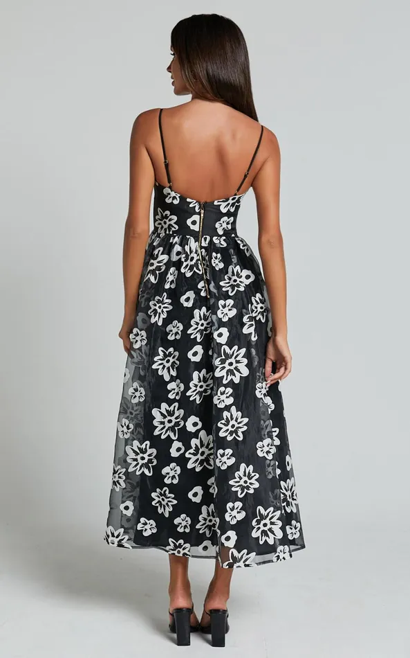 Showpo Nikky Midi Dress 8211 Organza Full Skirt Dress In Black Floral Women Dresses