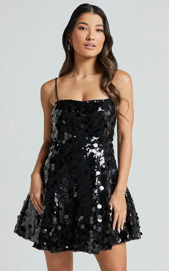 Showpo Nikola Mini Dress 8211 Fit And Flare Sequins Dress In Black Women Dresses Showpo Nikola Mini Dress 8211 Fit And Flare Sequins Dress In Black Women Dresses