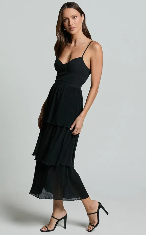 Showpo Nina Midi Dress 8211 Bustier Frill Detail Dress In Black Women Dresses