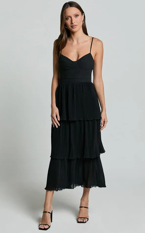 Showpo Nina Midi Dress 8211 Bustier Frill Detail Dress In Black Women Dresses