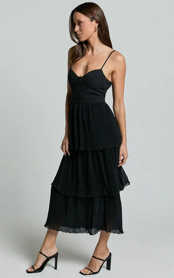 Showpo Nina Midi Dress 8211 Bustier Frill Detail Dress In Black Women Dresses