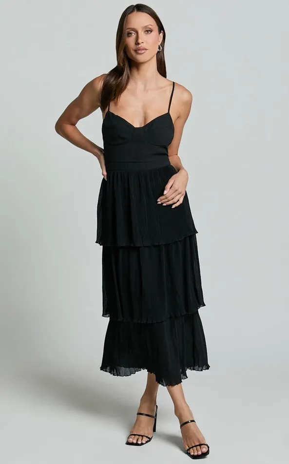 Showpo Nina Midi Dress 8211 Bustier Frill Detail Dress In Black Women Dresses
