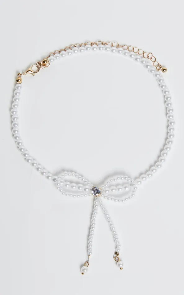 Showpo Nina Necklace 8211 Pearl Bow Detail Necklace In White Women Necklaces