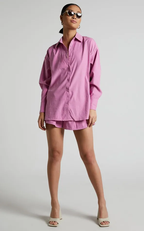 Showpo Niobe Shirt 8211 Relaxed Button Up Long Sleeve Shirt In Pink Women Tops