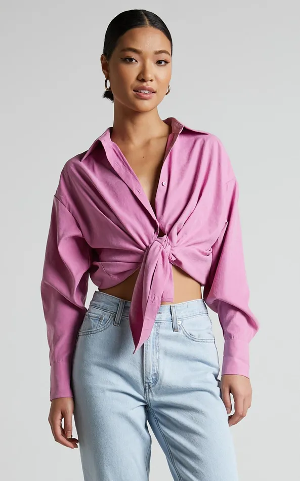 Showpo Niobe Shirt 8211 Relaxed Button Up Long Sleeve Shirt In Pink Women Tops