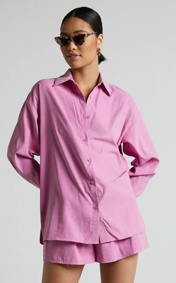 Showpo Niobe Shirt 8211 Relaxed Button Up Long Sleeve Shirt In Pink Women Tops