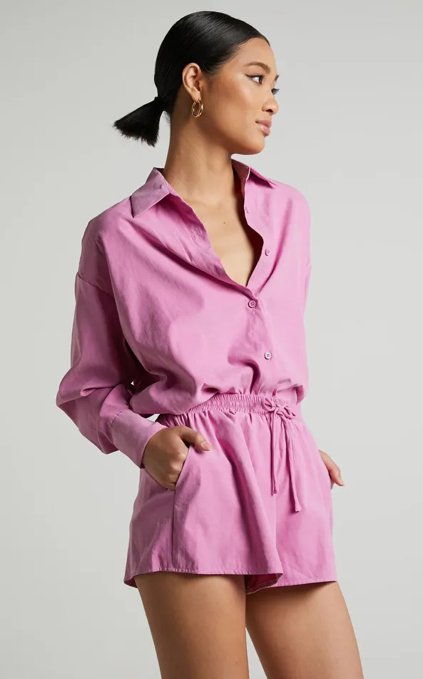 Showpo Niobe Shirt 8211 Relaxed Button Up Long Sleeve Shirt In Pink Women Tops