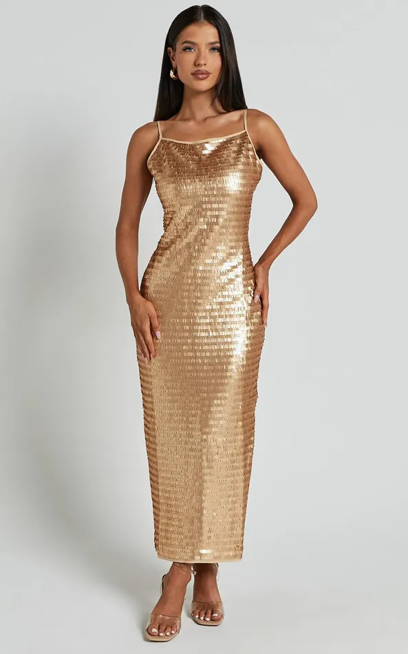 Showpo Niquita Midi Dress 8211 Square Sequin Column Dress In Gold Women Dresses Showpo Niquita Midi Dress 8211 Square Sequin Column Dress In Gold Women Dresses