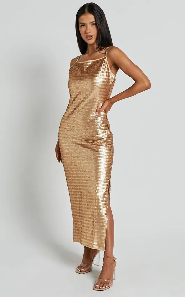 Showpo Niquita Midi Dress 8211 Square Sequin Column Dress In Gold Women Dresses
