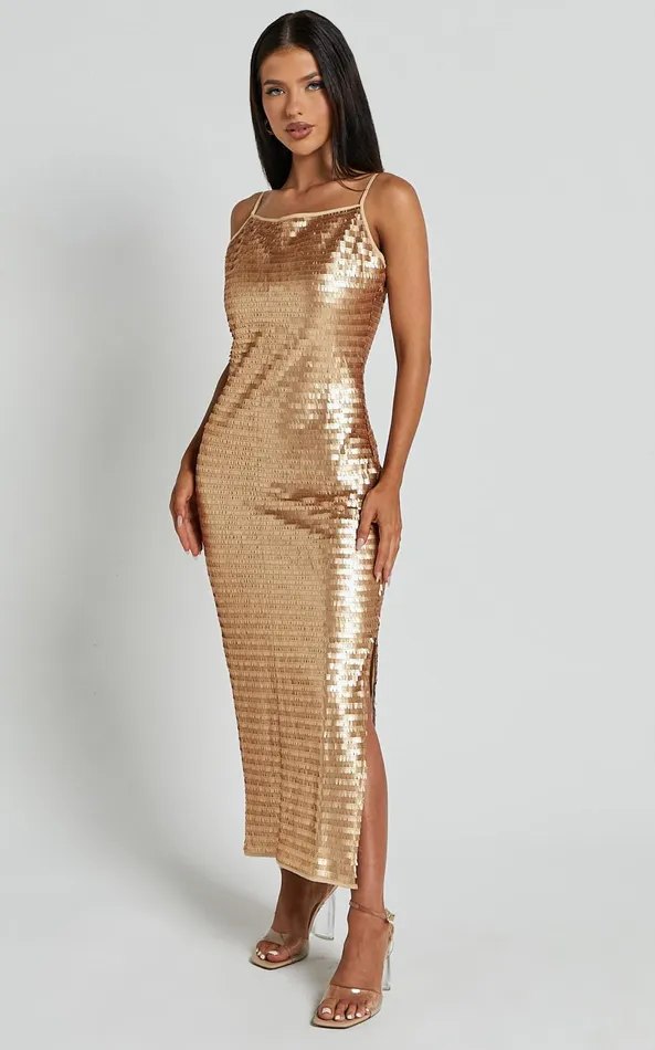 Showpo Niquita Midi Dress 8211 Square Sequin Column Dress In Gold Women Dresses