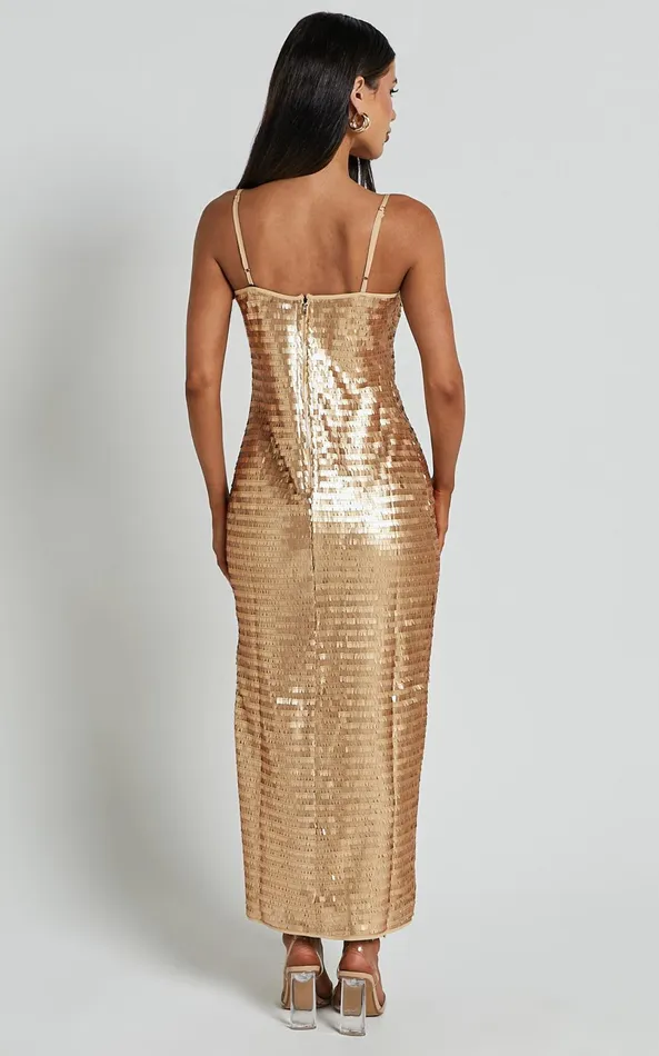 Showpo Niquita Midi Dress 8211 Square Sequin Column Dress In Gold Women Dresses