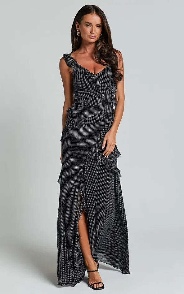 Showpo Nitha Maxi Dress 8211 Asymmetrical Frill Thigh Split Dress In Black Polka Women Dresses Showpo Nitha Maxi Dress 8211 Asymmetrical Frill Thigh Split Dress In Black Polka Women Dresses