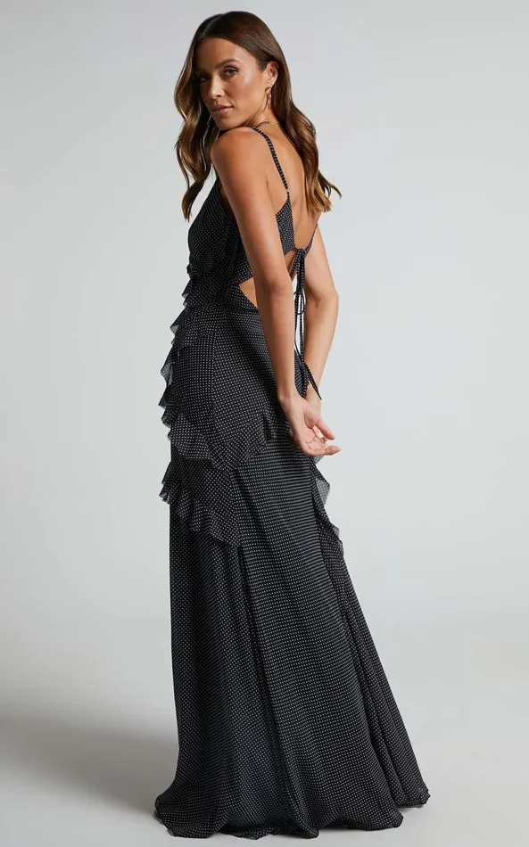 Showpo Nitha Maxi Dress 8211 Asymmetrical Frill Thigh Split Dress In Black Polka Women Dresses Showpo Nitha Maxi Dress 8211 Asymmetrical Frill Thigh Split Dress In Black Polka Women Dresses