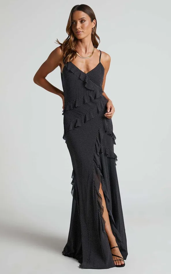 Showpo Nitha Maxi Dress 8211 Asymmetrical Frill Thigh Split Dress In Black Polka Women Dresses Showpo Nitha Maxi Dress 8211 Asymmetrical Frill Thigh Split Dress In Black Polka Women Dresses