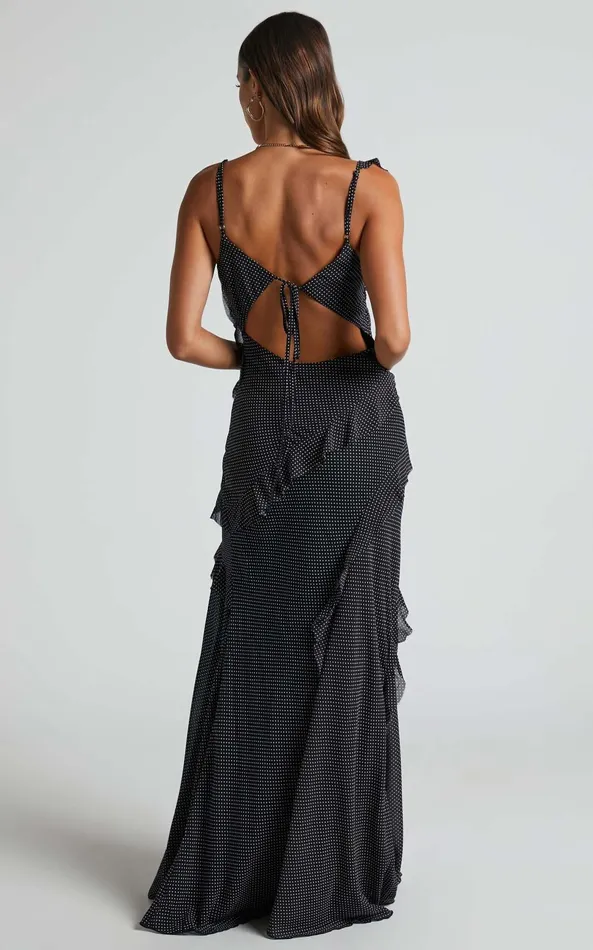 Showpo Nitha Maxi Dress 8211 Asymmetrical Frill Thigh Split Dress In Black Polka Women Dresses Showpo Nitha Maxi Dress 8211 Asymmetrical Frill Thigh Split Dress In Black Polka Women Dresses