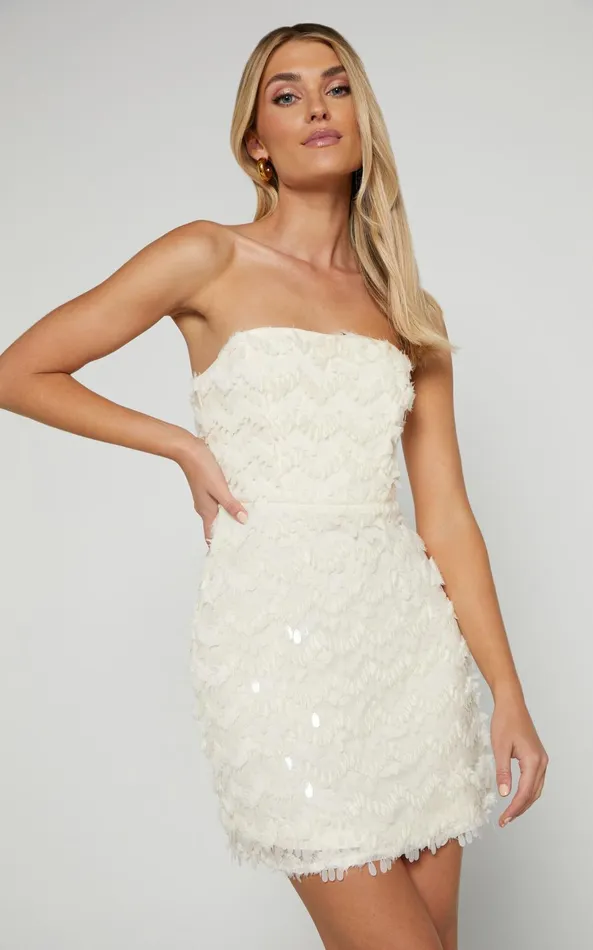 Showpo Nola Mini Dress 8211 Strapless Sequin Dress In Cream Women Dresses