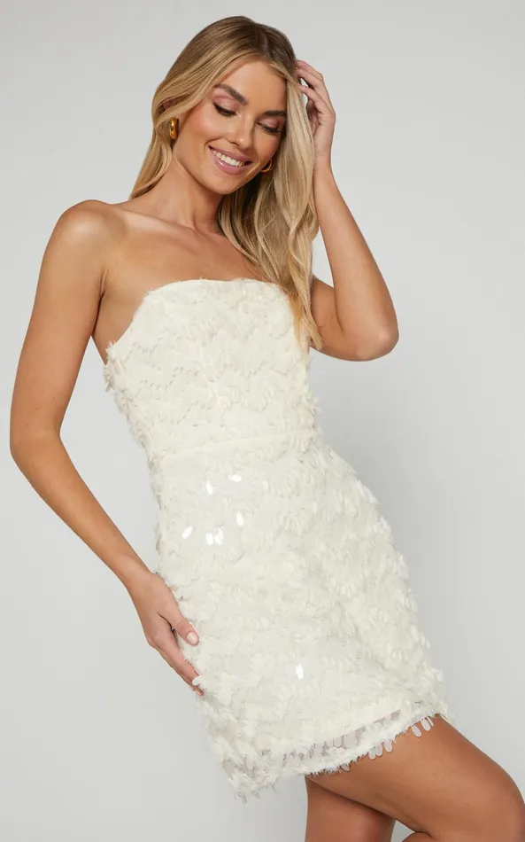 Showpo Nola Mini Dress 8211 Strapless Sequin Dress In Cream Women Dresses