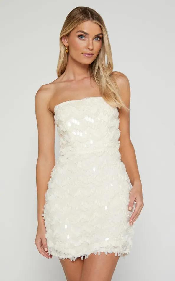 Showpo Nola Mini Dress 8211 Strapless Sequin Dress In Cream Women Dresses