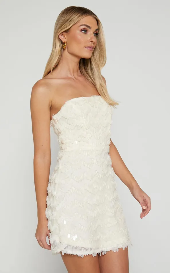 Showpo Nola Mini Dress 8211 Strapless Sequin Dress In Cream Women Dresses