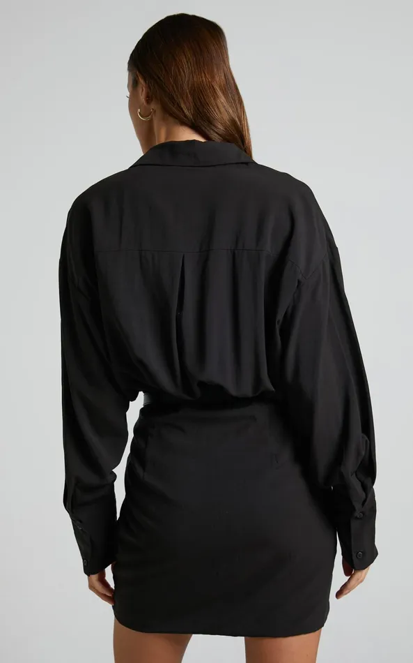 Showpo Norie Mini Dress 8211 Button Up Long Sleeve Shirt Dress In Black Women Dresses