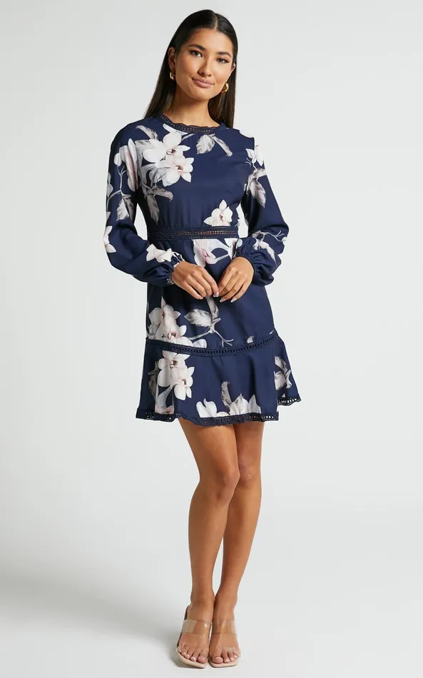 Showpo Not Missing Out Mini Dress 8211 Long Puff Sleeve Dress In Navy Floral Women Curve Clothes