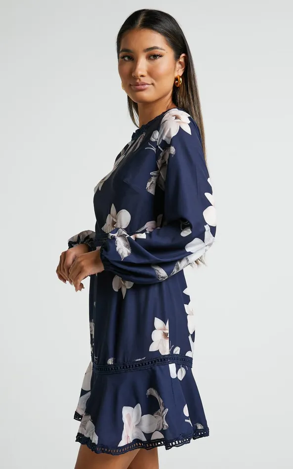 Showpo Not Missing Out Mini Dress 8211 Long Puff Sleeve Dress In Navy Floral Women Curve Clothes