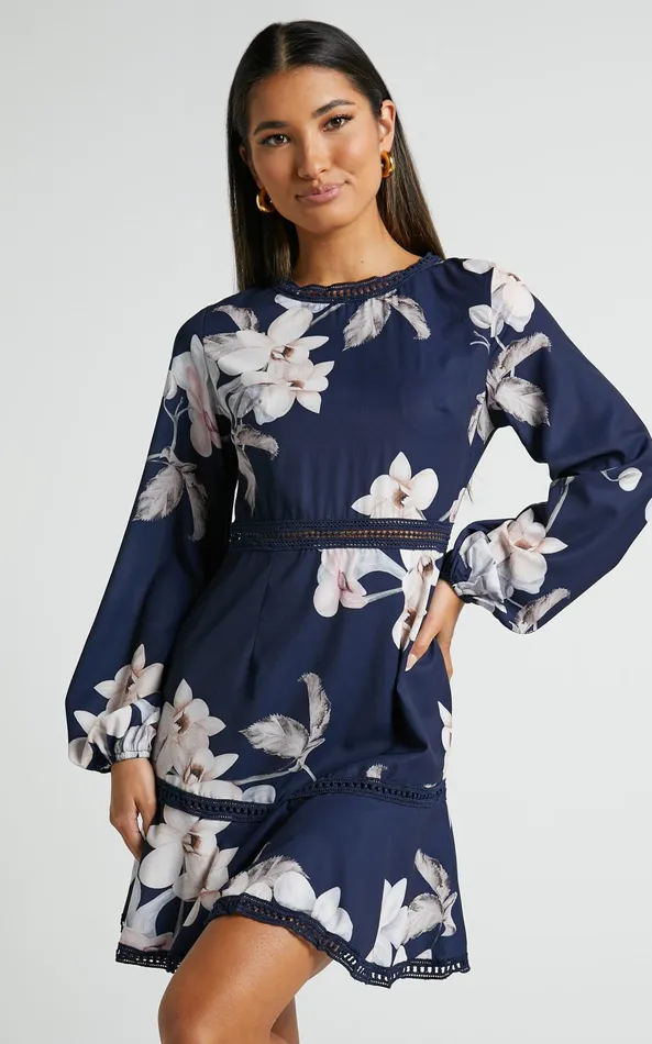 Showpo Not Missing Out Mini Dress 8211 Long Puff Sleeve Dress In Navy Floral Women Curve Clothes