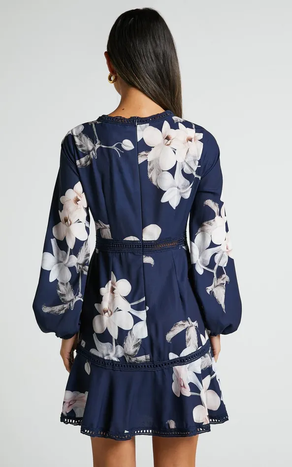 Showpo Not Missing Out Mini Dress 8211 Long Puff Sleeve Dress In Navy Floral Women Curve Clothes