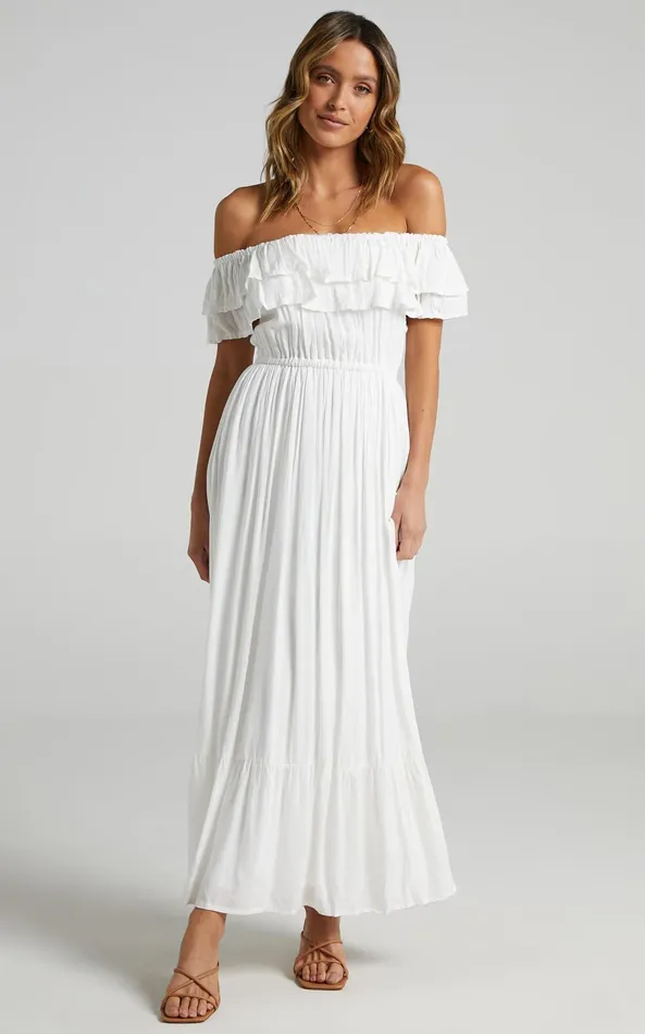 Showpo Notre Dame Midi Dress 8211 Off Shoulder Dress In White Women Dresses