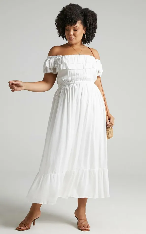 Showpo Notre Dame Midi Dress 8211 Off Shoulder Dress In White Women Dresses