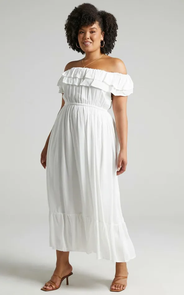 Showpo Notre Dame Midi Dress 8211 Off Shoulder Dress In White Women Dresses