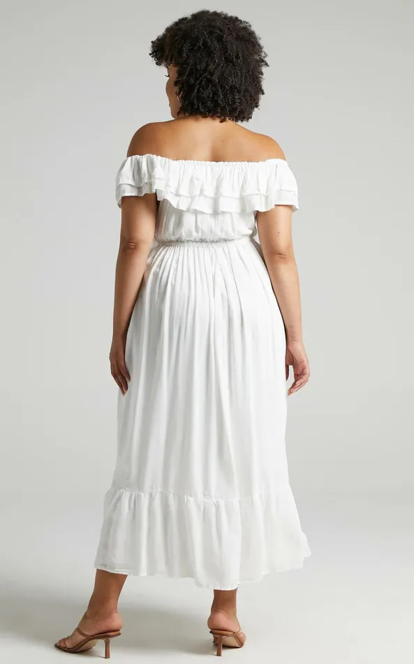 Showpo Notre Dame Midi Dress 8211 Off Shoulder Dress In White Women Dresses