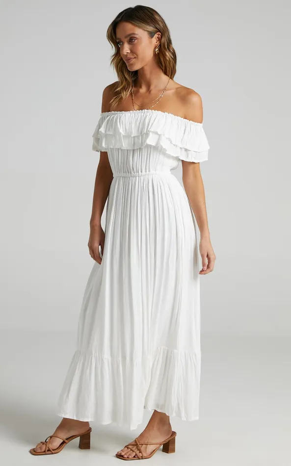Showpo Notre Dame Midi Dress 8211 Off Shoulder Dress In White Women Dresses